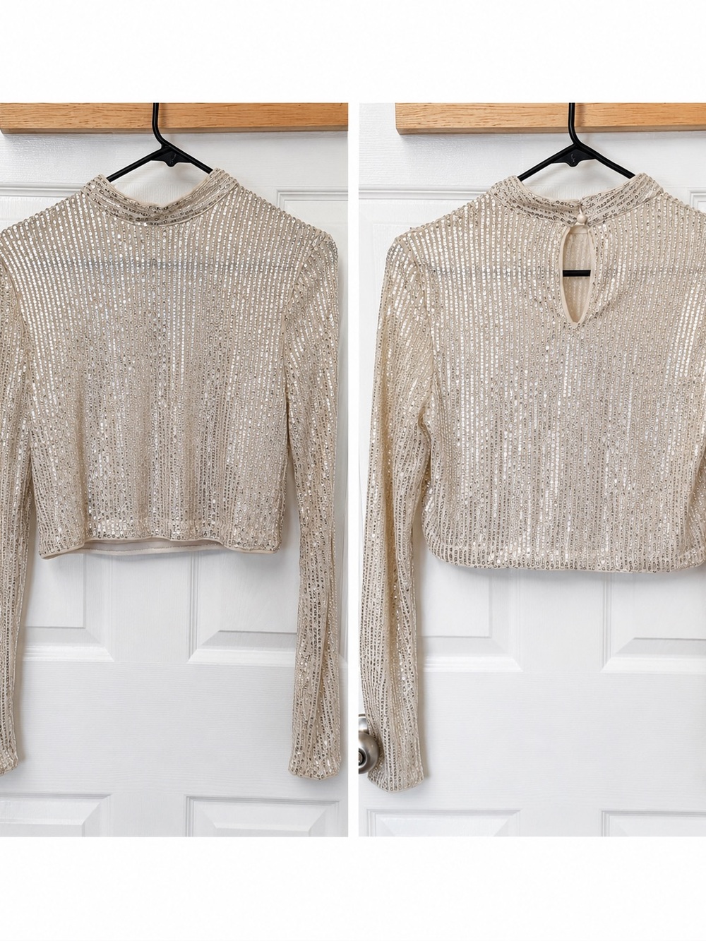 Champagne Sequin Long-Sleeve Crop Top